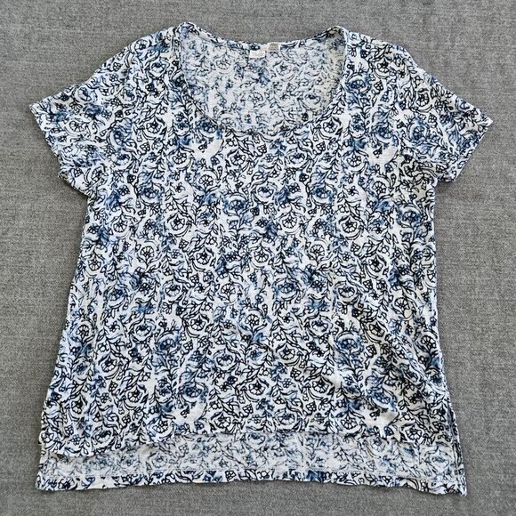 Artisan NY Top L Womens White Navy Floral SS Round Neck Office Casual Linen Boho - Picture 7 of 12